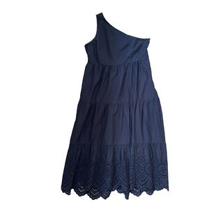 Gap NWT Women One Shoulder Cotton Eyelet Scallop Hem Navy Midi Dress Size 12